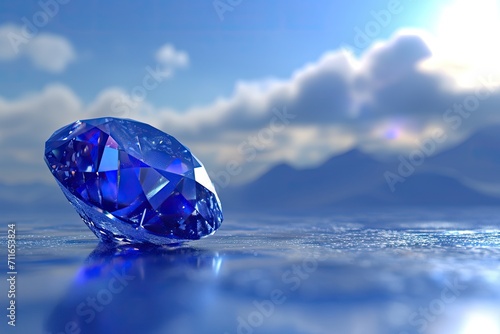large blue diamond resting on a reflective surface