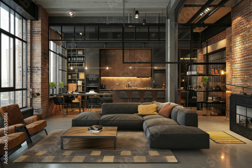 Luxury studio apartment with a free layout in a loft style in dark colors. © Hunman