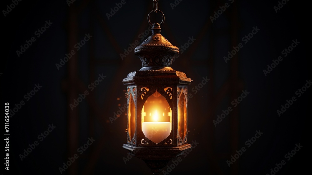Ramadan Kareem. Decorative Arabic Lanterns On a dark background. copy space. Generative AI.