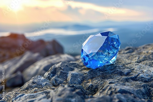 blue crystal resting on a rocky surface with a breathtaking mountainous landscape in the background