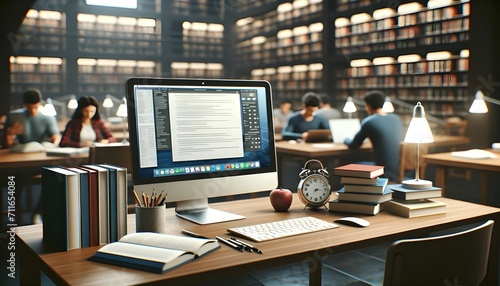 A Student's Desk in a Library Books and Computer in Preparation for an Exam Other Students Studying in the Background Symbolizing Concentration and Determination Clock Indicating