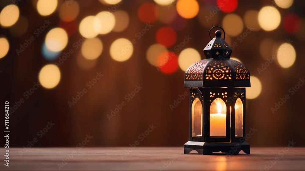 Lantern with burning candle on bokeh background. Ramadan Kareem concept. Lanterns on table wood. Generative AI. Lantern with burning candle on bokeh background. Ramadan Kareem concept. Lanterns on table wood. Generative AI.
