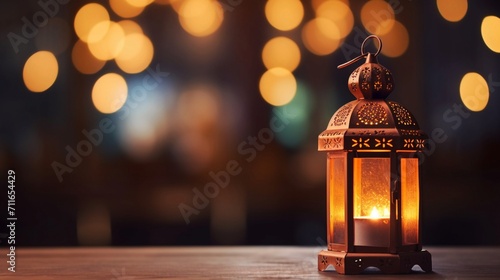 Decorative Arabic lanterns with burning candles shine at night. Festive greeting card, invitation to the Muslim holy month of Ramadan Kareem. Dark background.Generative AI.