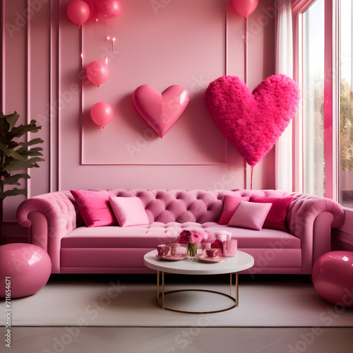 Valentine's interior room has a pink sofa and home decor for Valentine's Day,
