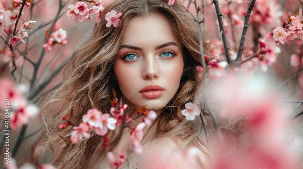 woman with loose locks, posing among cherry blossoms in a spring garden generative ai woman with loose locks, posing among cherry blossoms in a spring garden generative ai