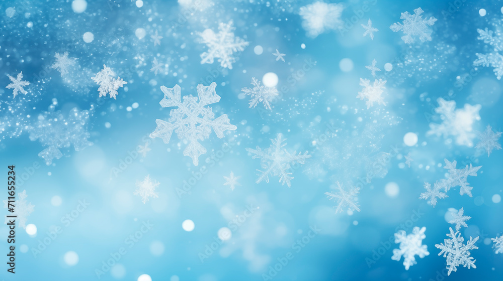 Winter background, falling beautiful snowflakes, selective focus. Falling snow and snowflakes close-up on a blue background. Winter background, falling beautiful snowflakes, selective focus. Falling snow and snowflakes close-up on a blue background.