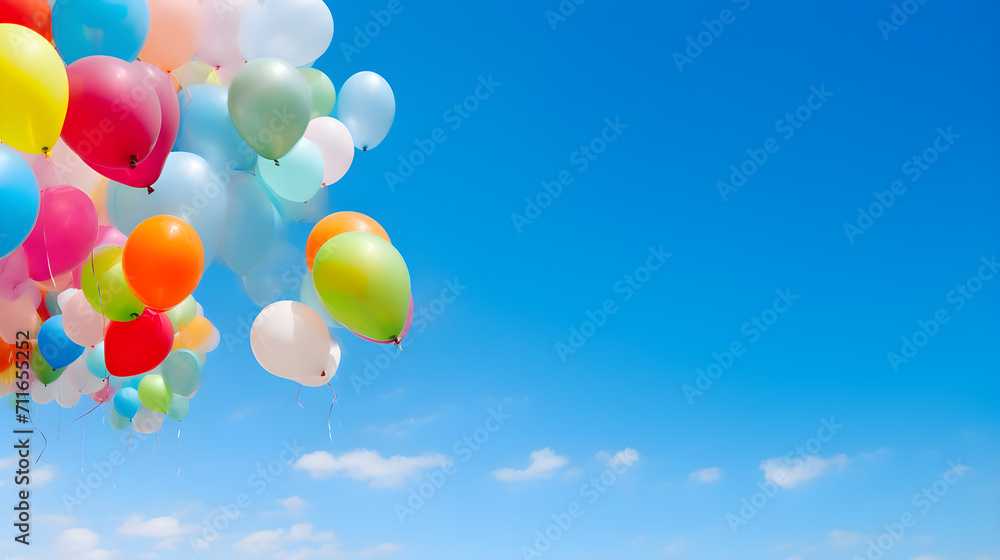 Multicolored Balloons with Helium on a Blue Sky Abstract Background. Concept of Happy Birthday, New Year, Party, Wedding, Valentine, Happiness, Joy, Festival, Holiday Promotion Banner Multicolored Balloons with Helium on a Blue Sky Abstract Background. Concept of Happy Birthday, New Year, Party, Wedding, Valentine, Happiness, Joy, Festival, Holiday Promotion Banner