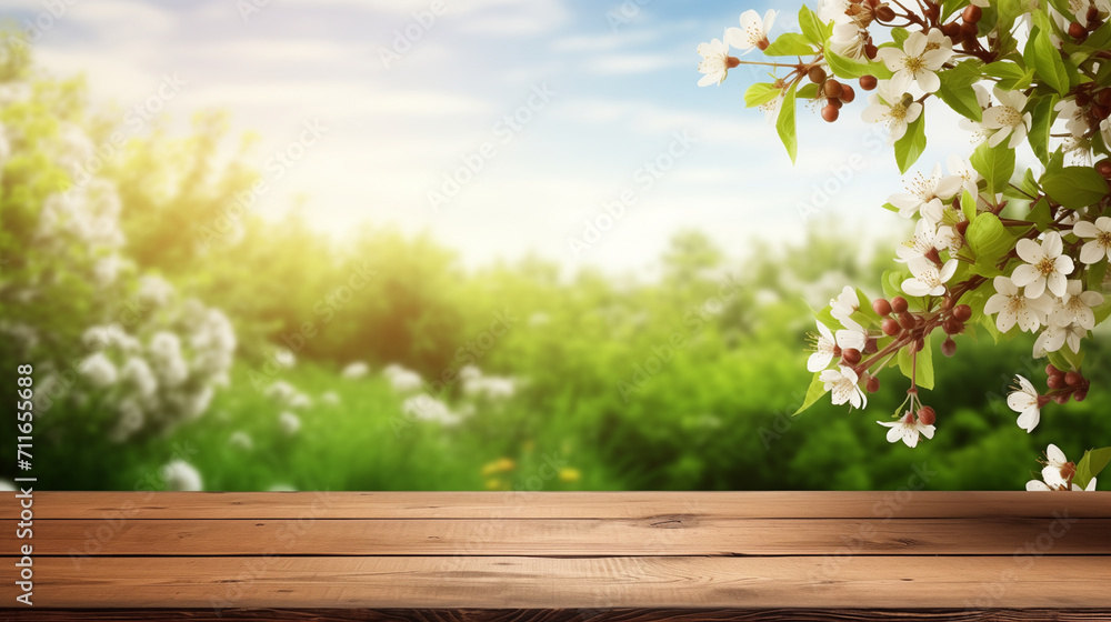 Wooden table and spring blossom tree on blurred nature background. For product display