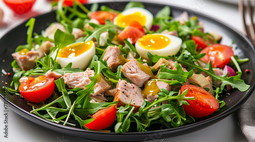 Salad with tuna, eggs, cherry tomatoes and arugula on a white background