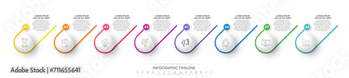 Modern infographics vector template. Cyclic infographic with 8 circles. Timeline design template with eight options, steps, and parts. Flat illustration for business.