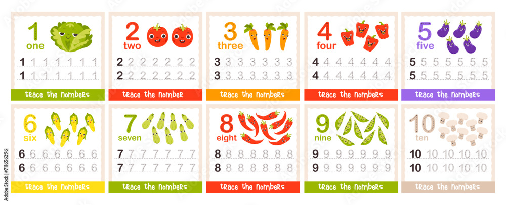 Number learning flashcards with cute vegetables. Count and trace of numbers. Kids educational game. Vector illustration