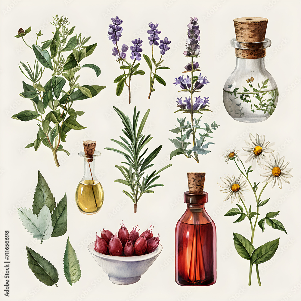 Botanical illustration featuring plants used in traditional Chinese