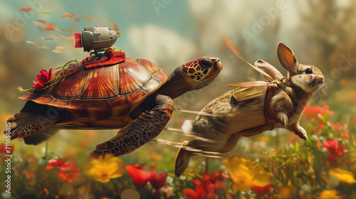 Turtle with a jetpack racing a rabbit photo