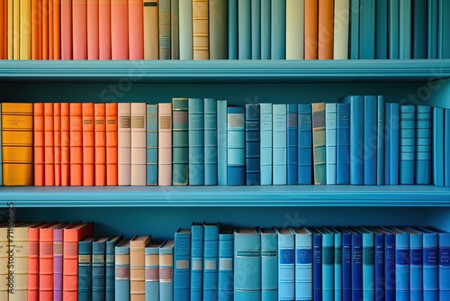Colorful books on a wooden shelf in a library.