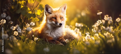 Gorgeous red fox with a captivating gaze standing gracefully in the picturesque summer meadow. photo
