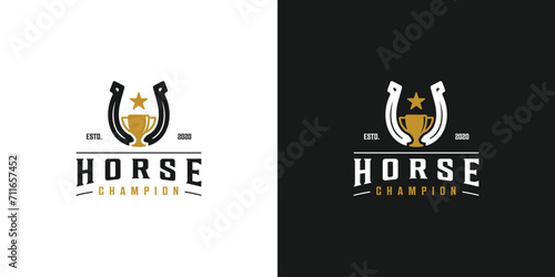 Creative Horse Champion Logo. Horse Shoes and Trophy with Vintage Label Style, Stamp, Emblem Retro Hipster. Horse League Logo Icon Symbol Vector Design Template. photo