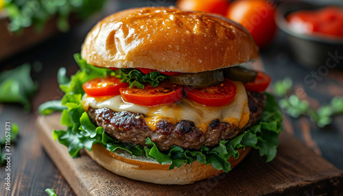 double cheeseburger with lettuce, tomato, onion, and melted american cheese with panoramic composition Copy space. Delicious fresh Fast food meat burger