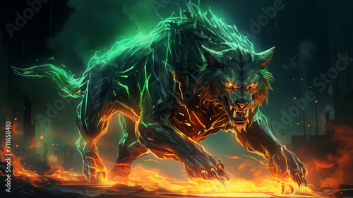 Mad futuristic flaming Wolf. Spirit sketch animal set. Generative AI © Владимир Тюрин