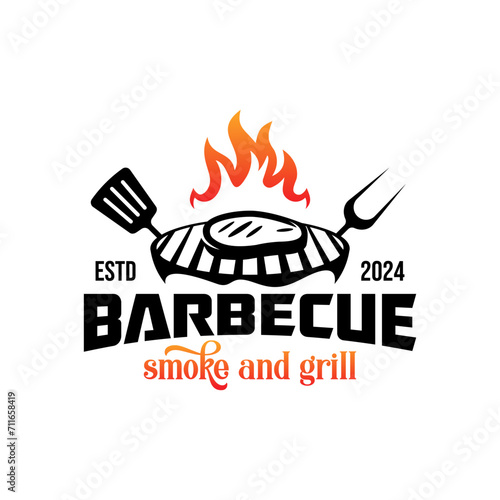 Barbeque smokehouse, barbecue bar and grill logo design with fork and fire.

