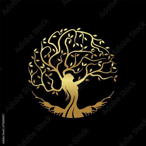Woman nature tree beauty logo. Gold tree vector illustration with circle and silhouette woman shape.
