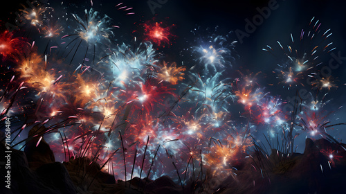 Colorful Fireworks in New Year Celebration,, Festive Fireworks with Bokeh Background