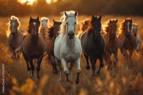 A group of wild horses running in a field at sunset