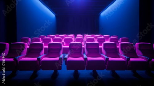 Rows of empty comfortable pink cinema chairs on blue rays in the dark. A modern cinema, a building with a copy space.