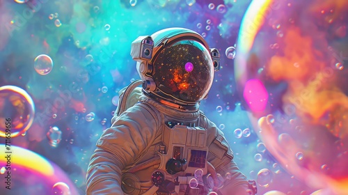 Vibrant Pop Art Concept: An Astronaut Exploring a Colorful Bubble Galaxy on a Different Planet