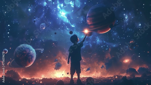 A Young Boy’s Cosmic Dream: An Enthralling Digital Art Illustration of a Journey through the Cosmos, Holding a Star Amidst Glowing Planets in the Night Sky