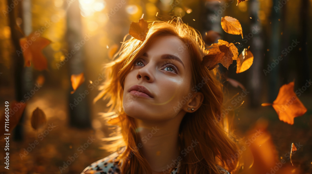 woman with sun-kissed hair surrounded by autumn leaves in a forest clearing generative ai woman with sun-kissed hair surrounded by autumn leaves in a forest clearing generative ai