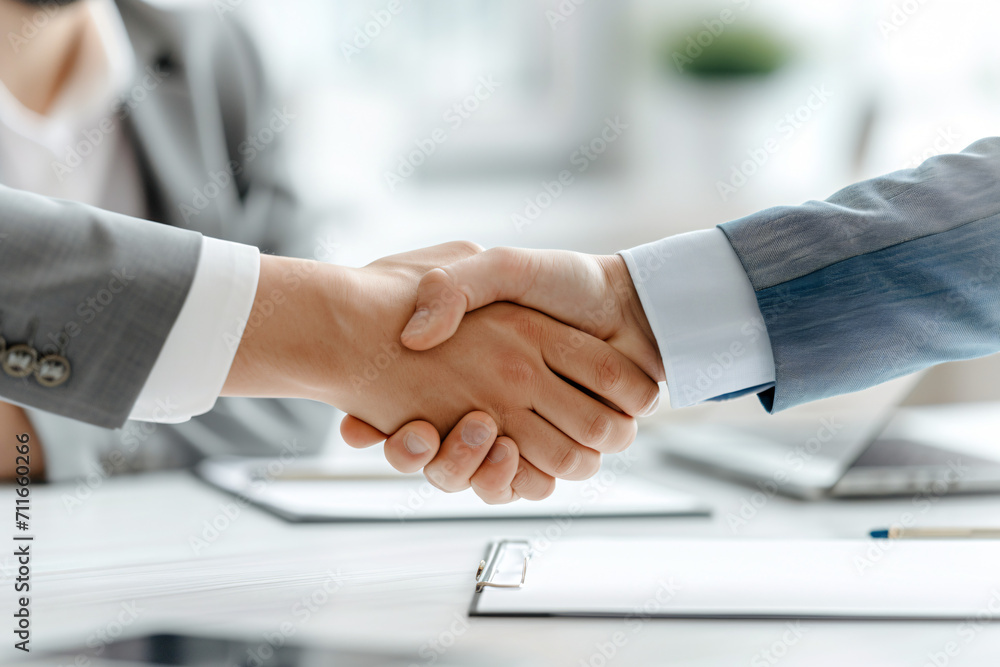 Business handshake in office setting Business handshake in office setting