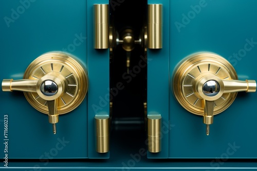 Vintage bank vault door with closed security safe box metal door background or wallpaper