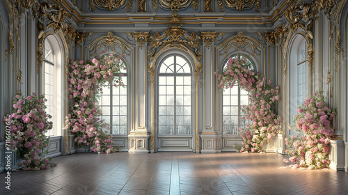 Pink Roses on the Wall of Luxury Palace, Wedding Interior Background © Summer