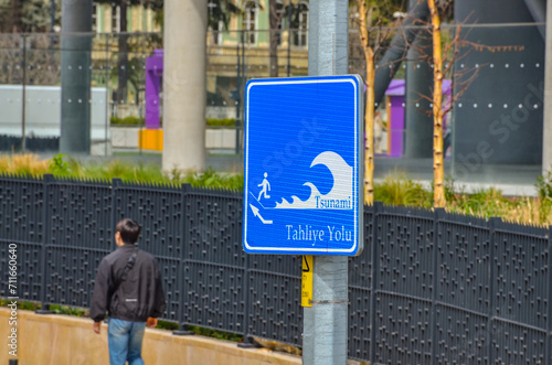 Tsunami tahliye yolu (tsunami escape route) sign in Galata port (Istanbul, Turkiye)