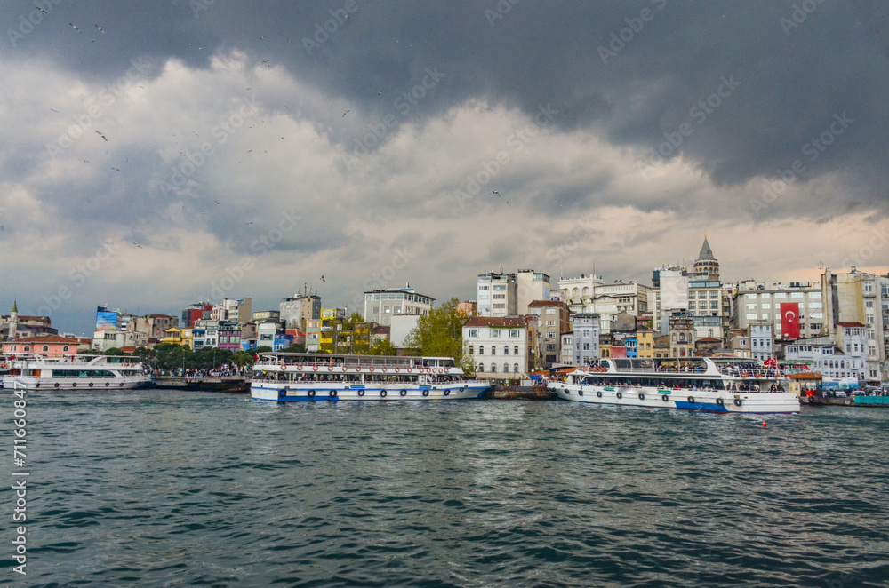 seagulls and clouds over Karakoy harbor and Galata tower (Istanbul, Turkiye) 