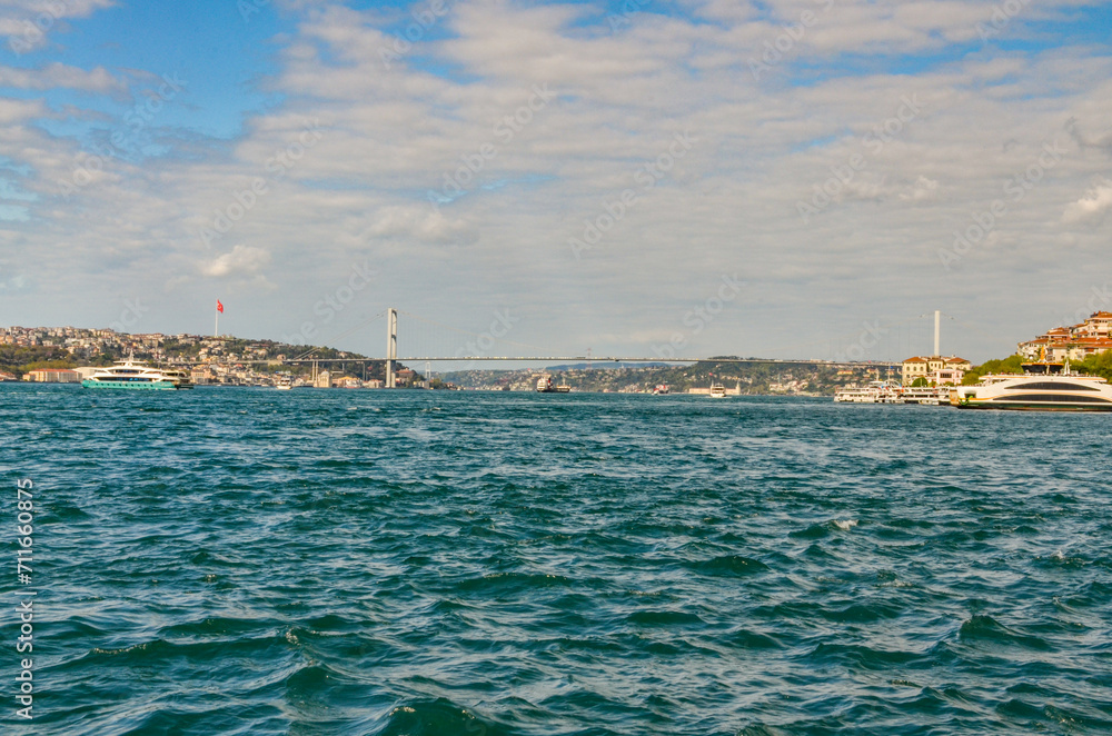 Bosporus and 15 Temmuz Şehitler Bridge scenic view from Uskudar pier on Anatolian side of Istanbul, Turkey