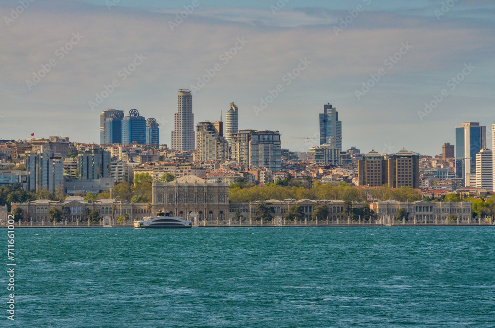 Fototapeta premium Dolmabahce palace and Istanbul scenic view from Uskudar pier on Anatolian side