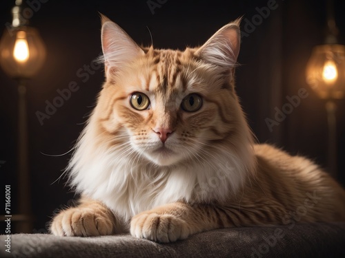 An orange and white cat with yellow eyes is laying on a couch © Ирина Малышкина