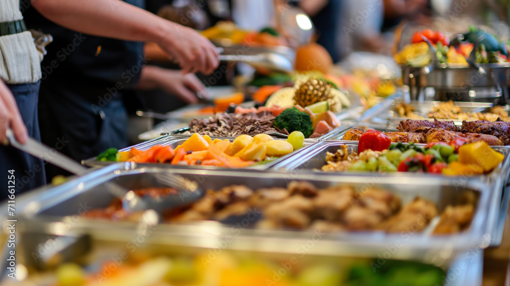 Naklejka premium A fantastic buffet featuring vegetables, meat, and fruits at the new hotel