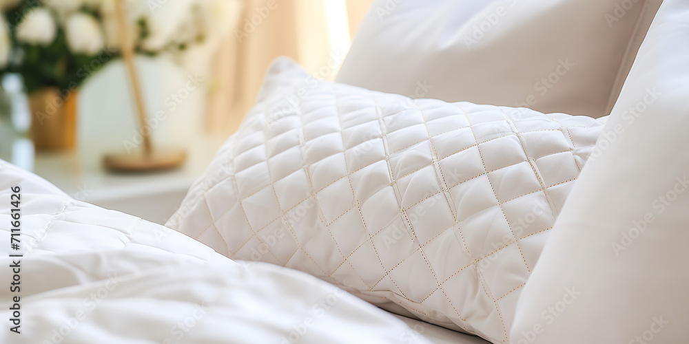 Design modern bedroom with bed and white linens closeup Design modern bedroom with bed and white linens closeup