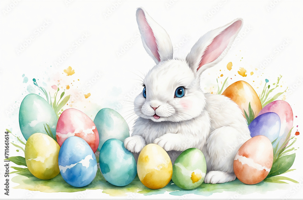 Cute cartoon White Easter bunny rabbit and pastel Easter eggs, beautiful light illustration, bright, white background. Happy Easter card, Card making, scrapbooking, planner, web design Cute cartoon White Easter bunny rabbit and pastel Easter eggs, beautiful light illustration, bright, white background. Happy Easter card, Card making, scrapbooking, planner, web design