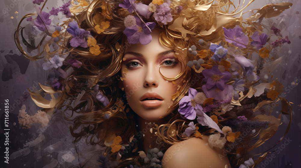 Illustration of a woman with purple and yellow flowers in her hair. Connection with nature or natural beauty concept.