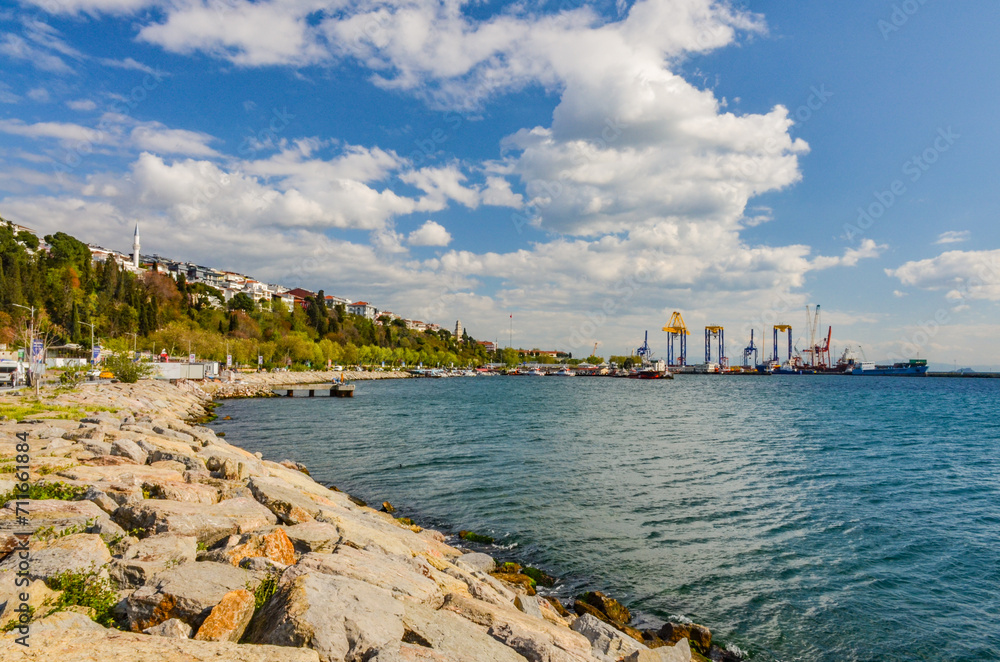Haydarpasa port scenic view from Uskudar esplanade on Anatolian side of Istanbul, Turkiye