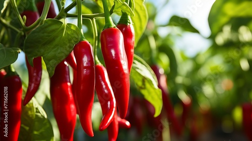 Abundant chili pepper harvest with ripe red peppers on a sunlit plantation during a warm summer day. photo