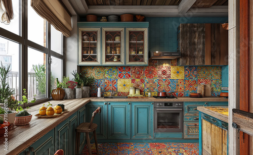 kitchen interior design Bohemian Style Generative AI © VRAYVENUS