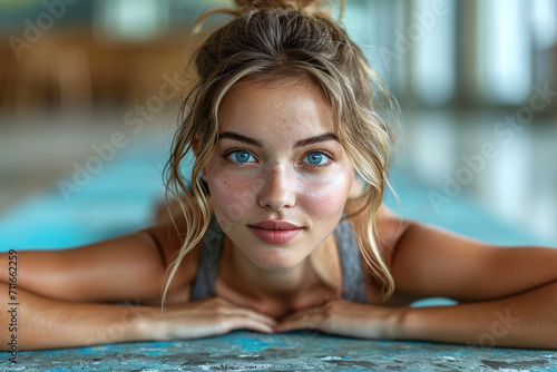 Woman resting at pool edge with a serene expression