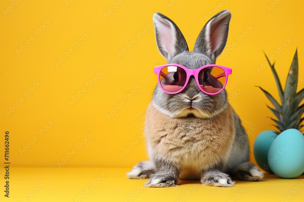 Obraz premium Hip Hop Bunny Funny Easter Concept Holiday Animal Celebration Greeting Card with a Cool Easter Bunny Rabbit Wearing Pink Sunglasses, Isolated on a Vibrant Yellow Background. created with Generative AI