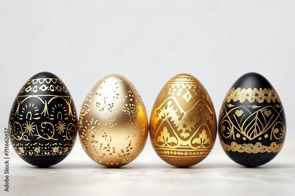 Elegance in Monochrome Easter Holiday Celebration Banner Greeting Card with a Set Collection of Colorful Black and Gold Painted Easter Eggs, Isolated on White Table Texture. created with Generative AI Elegance in Monochrome Easter Holiday Celebration Banner Greeting Card with a Set Collection of Colorful Black and Gold Painted Easter Eggs, Isolated on White Table Texture. created with Generative AI