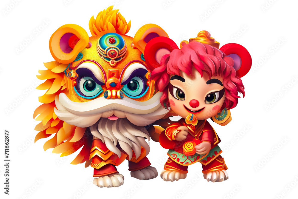 Cute colorful couple Lion dance at lunar new year, white background, 3d cartoon style Cute colorful couple Lion dance at lunar new year, white background, 3d cartoon style