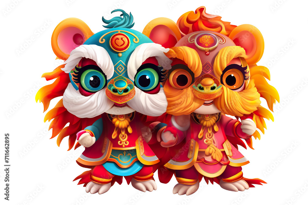Cute colorful couple Lion dance at lunar new year, white background, 3d cartoon style
